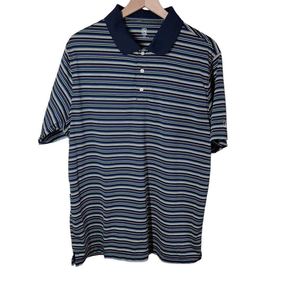 PGA Tour Mens Polo Golf‎ Shirt Large Black Multicolor Stripe Orange Green Blue